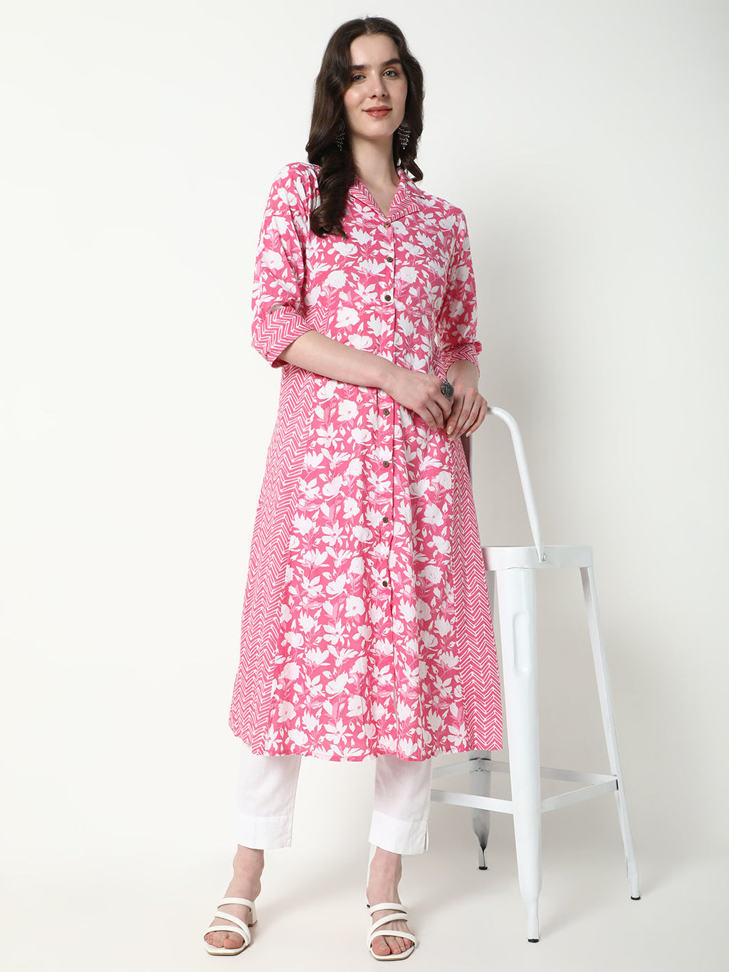 Women's Pink Floral A-Line Kurta