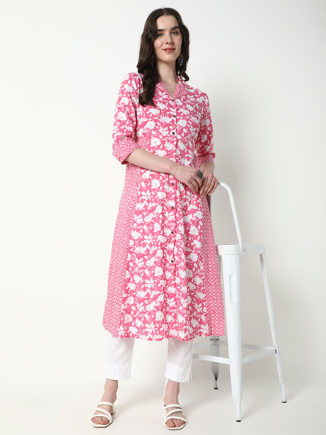 Women's Pink Floral A-Line Kurta