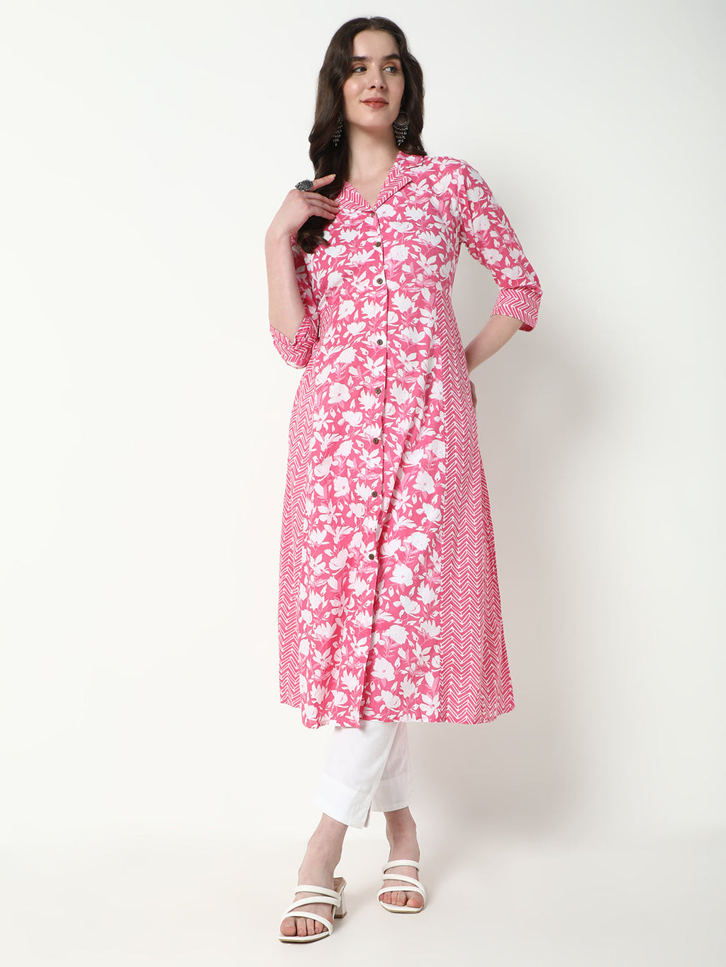 Women's Pink Floral A-Line Kurta
