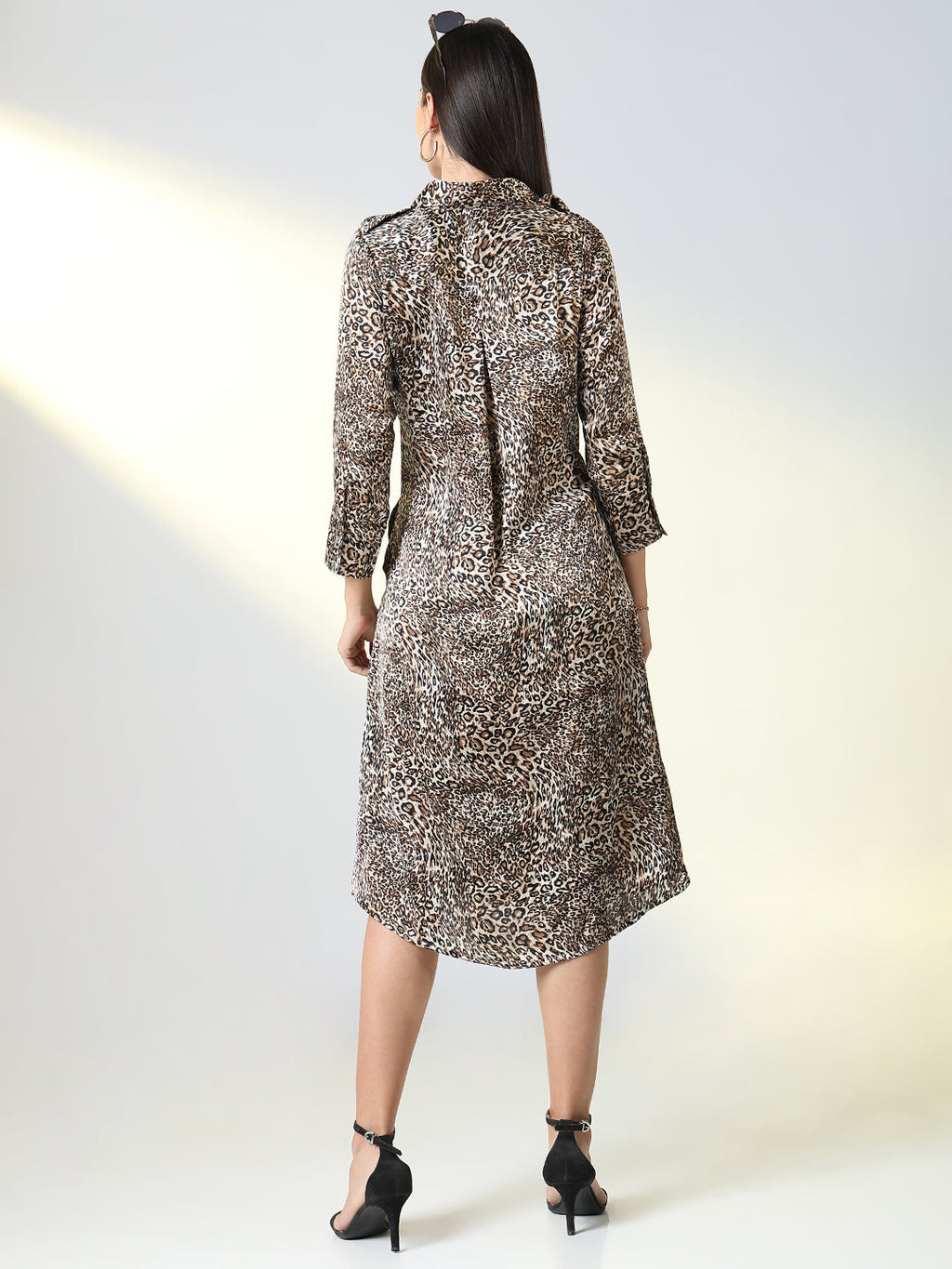 Women's Brown Animal Printed Shirt Midi Dress
