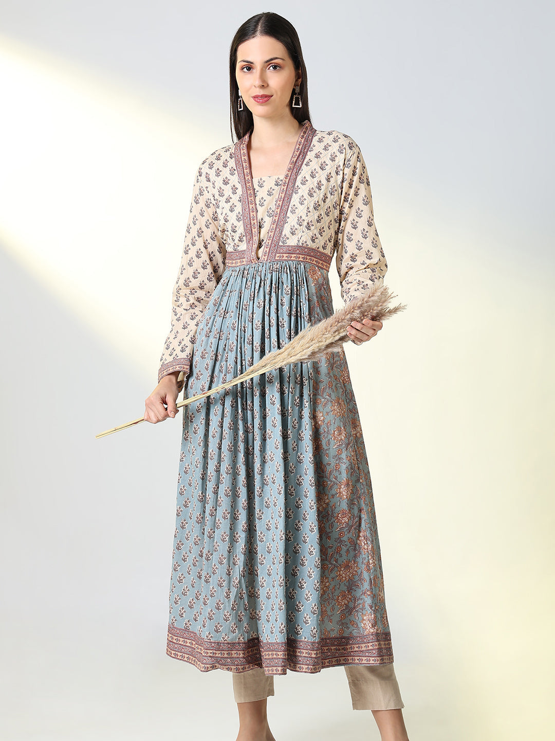 Women's Grey Floral A Line Kurta