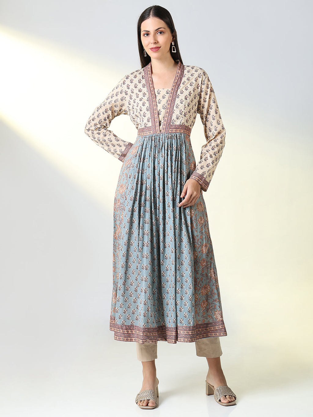 Women's Grey Floral A Line Kurta