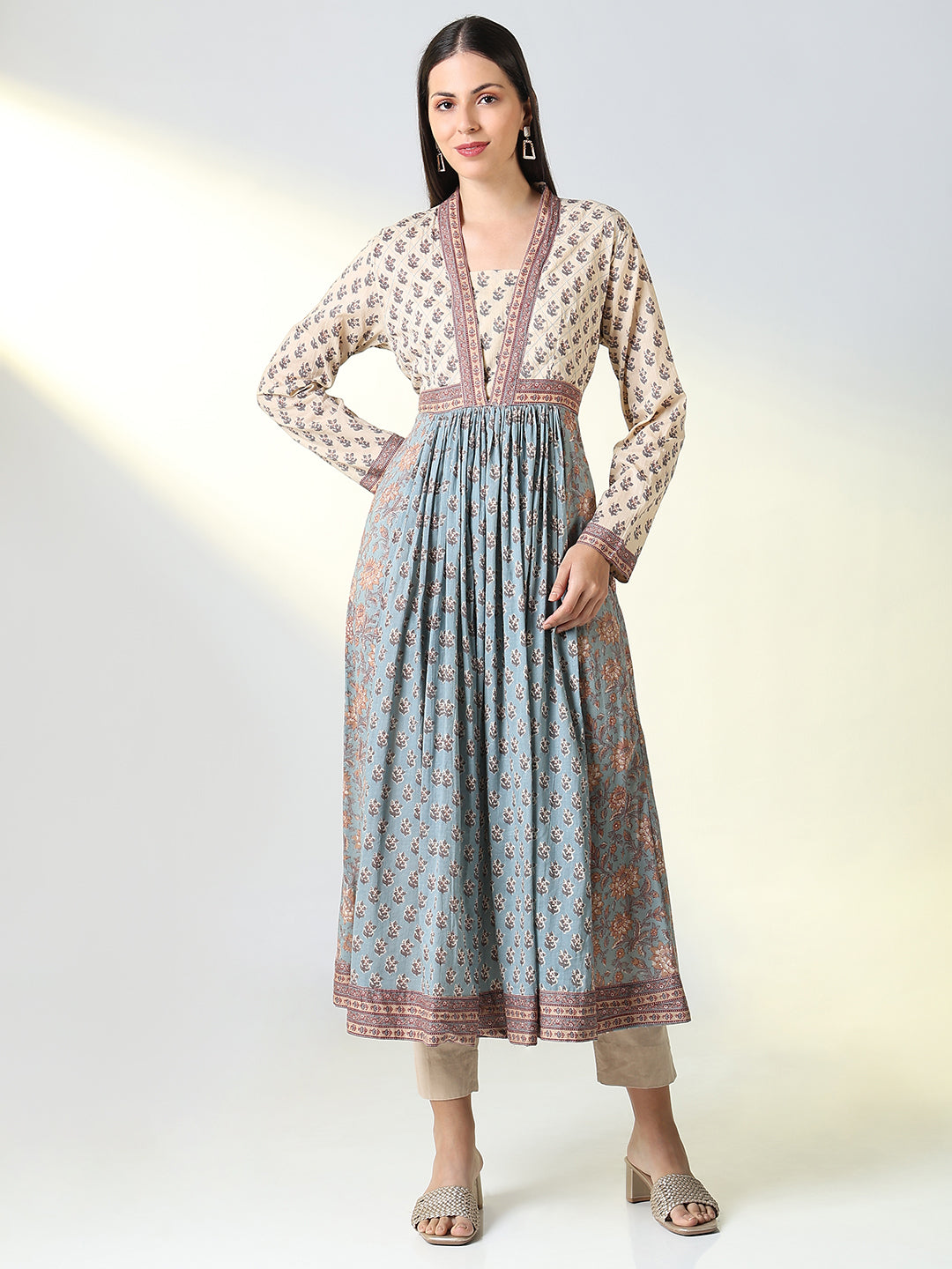 Women's Grey Floral A Line Kurta