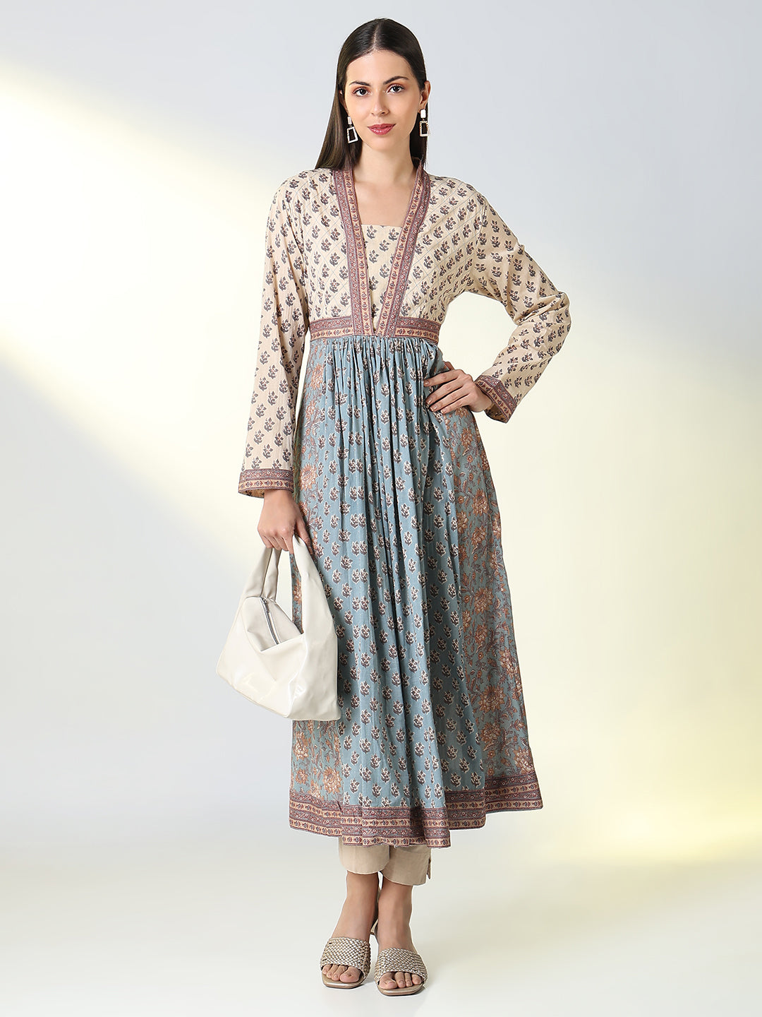 Women's Grey Floral A Line Kurta