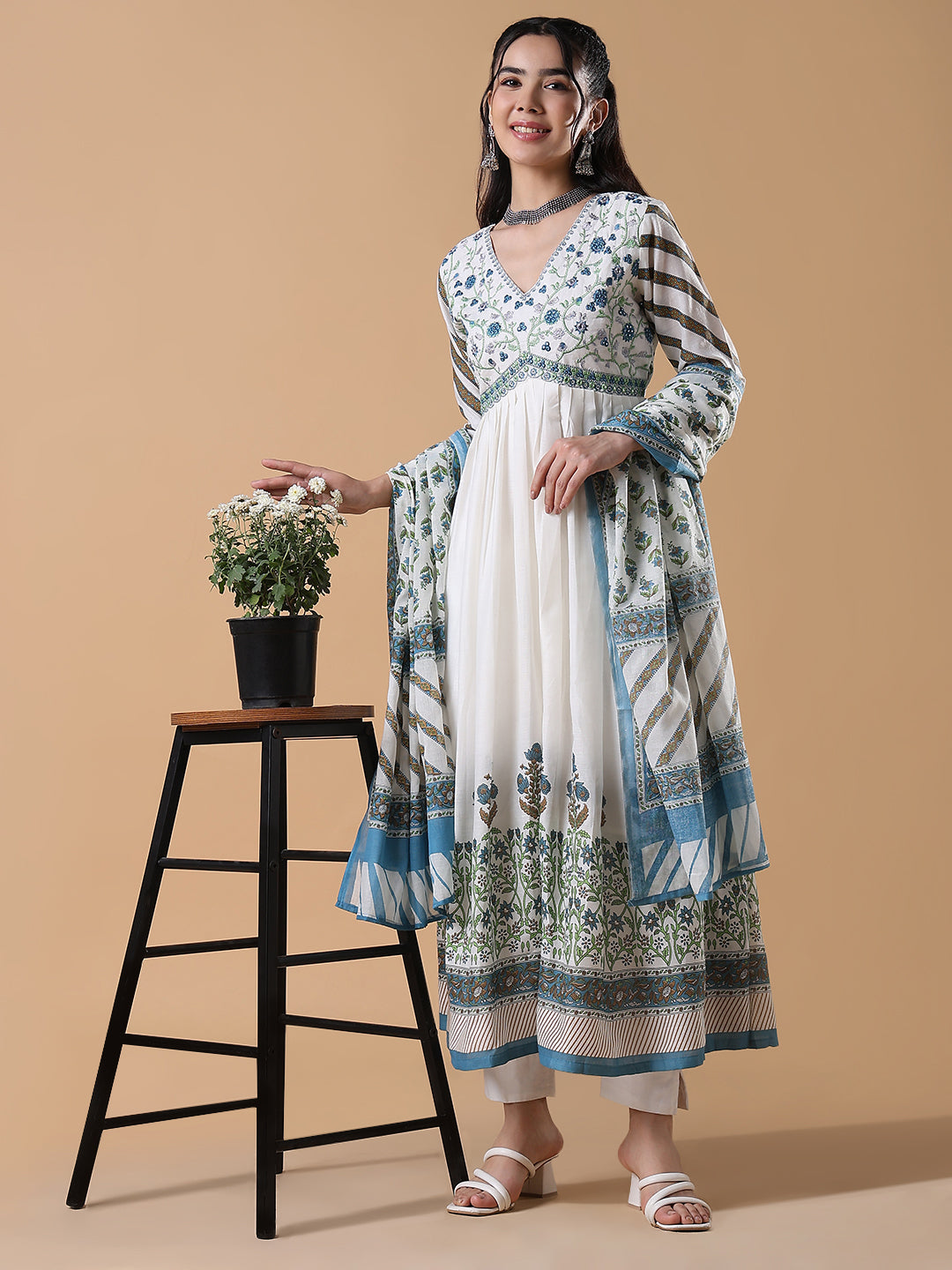 Women's White Floral Cotton Anarkali Kurta with Dupatta