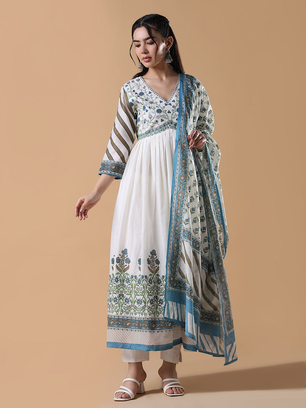 Women's White Floral Cotton Anarkali Kurta with Dupatta