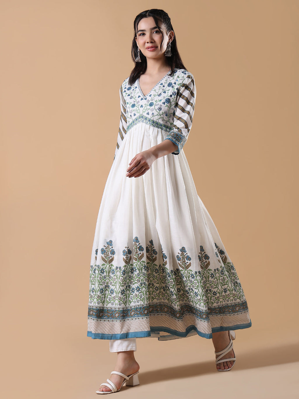 Women's White Floral Cotton Anarkali Kurta with Dupatta