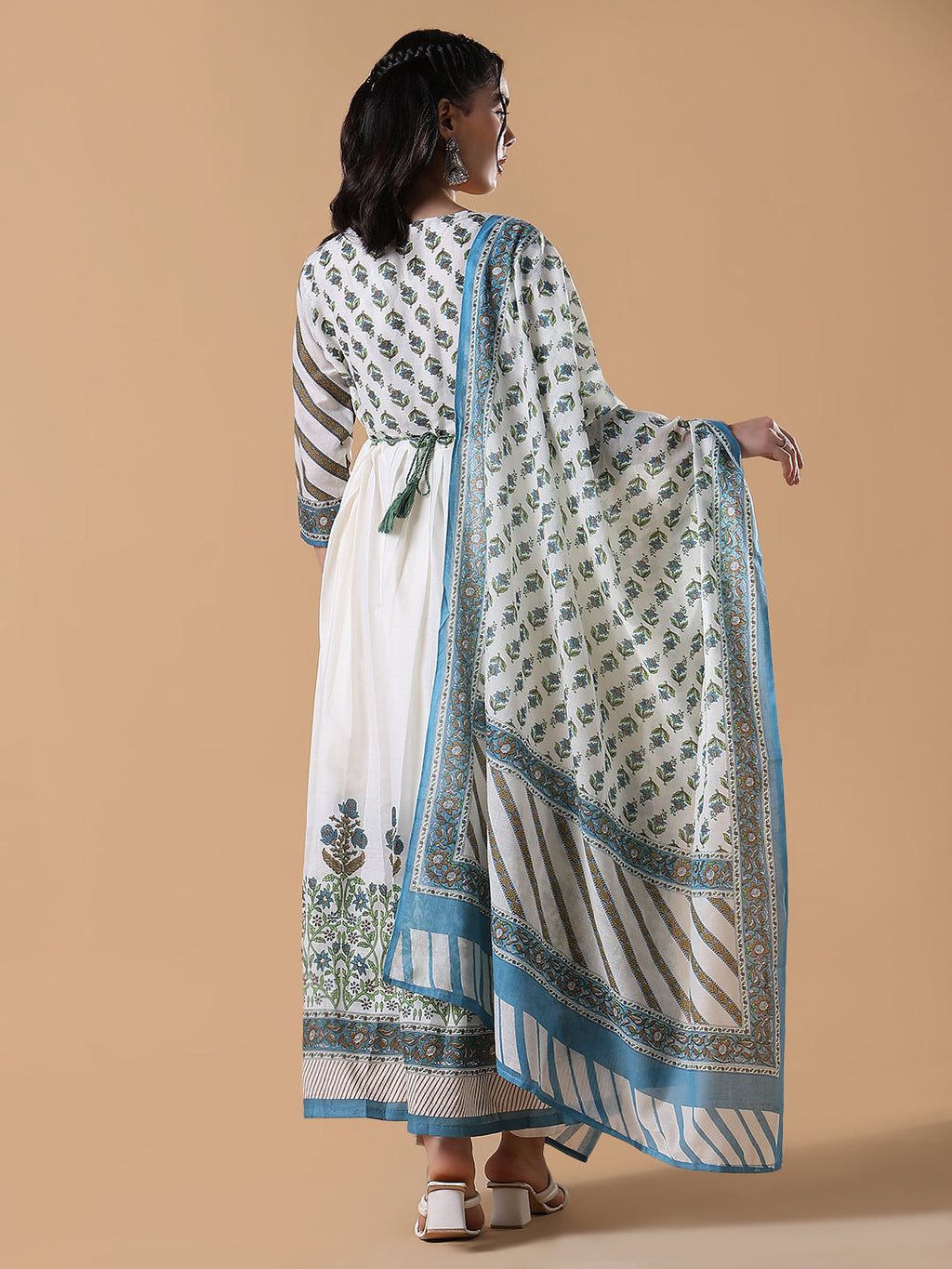 Women's White Floral Cotton Anarkali Kurta with Dupatta