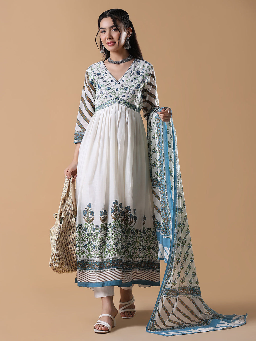 Women's White Floral Cotton Anarkali Kurta with Dupatta