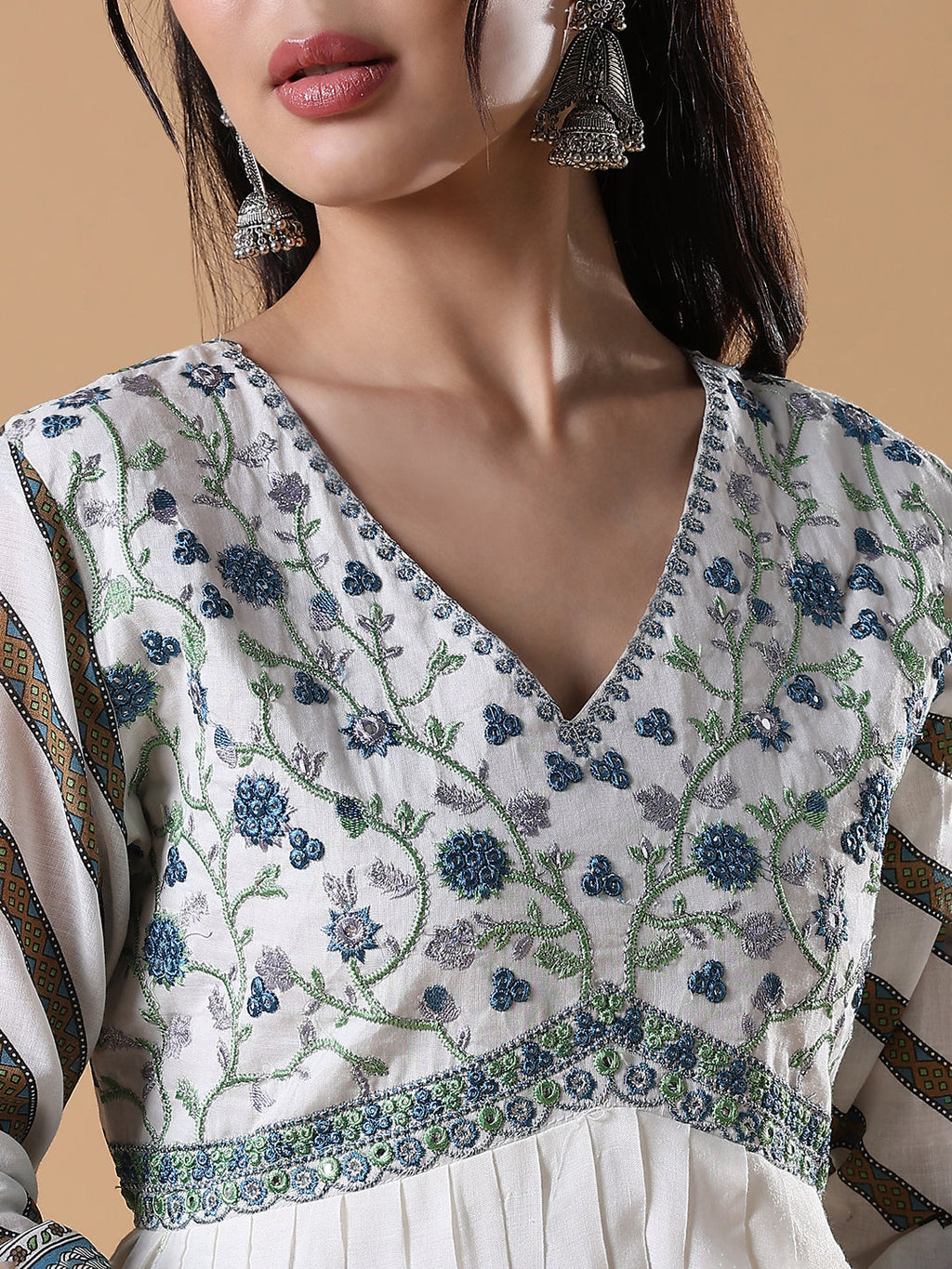 Women's White Floral Cotton Anarkali Kurta with Dupatta