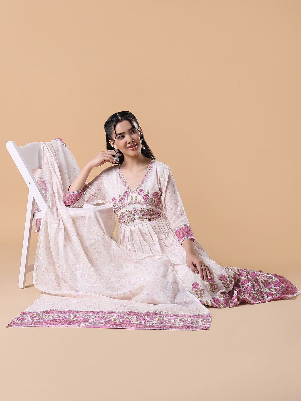 Women's Off White Floral Cotton Anarkali Kurta with Dupatta