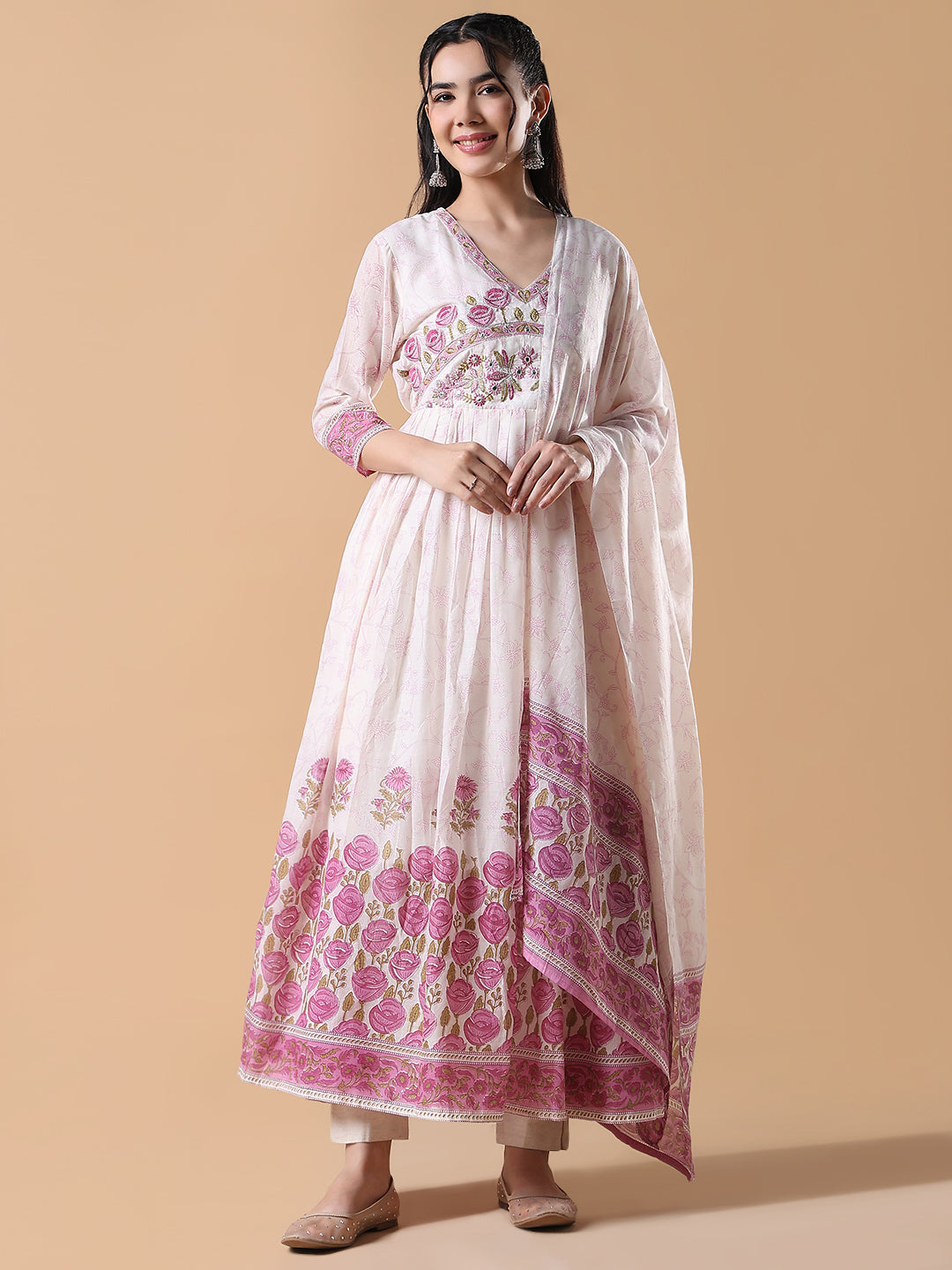 Women's Off White Floral Cotton Anarkali Kurta with Dupatta