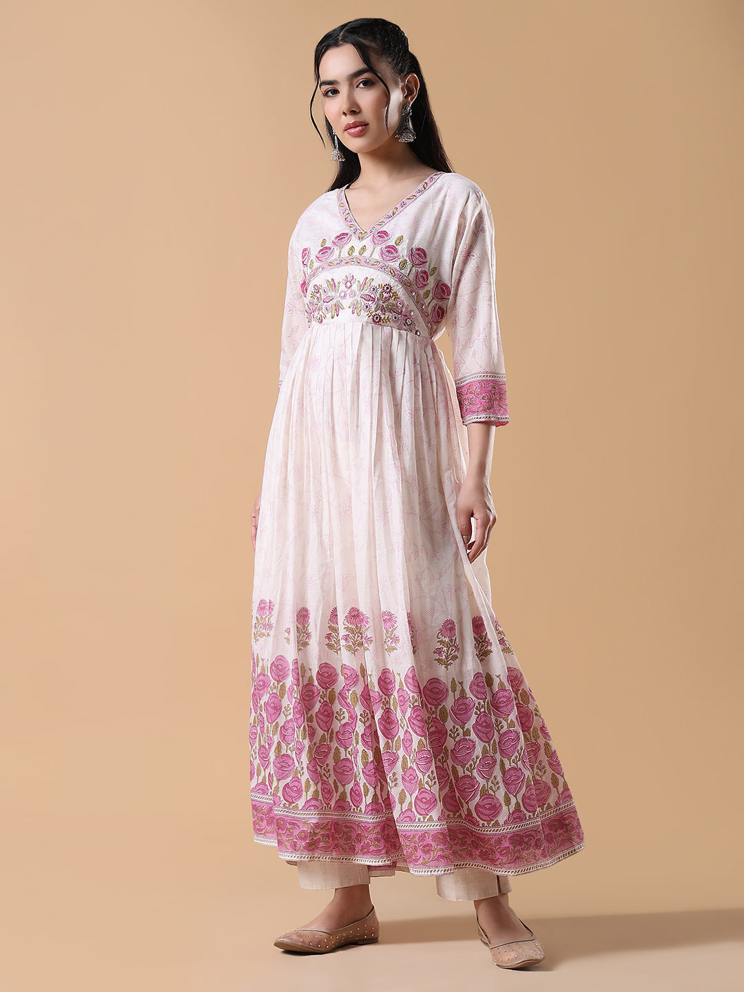 Women's Off White Floral Cotton Anarkali Kurta with Dupatta