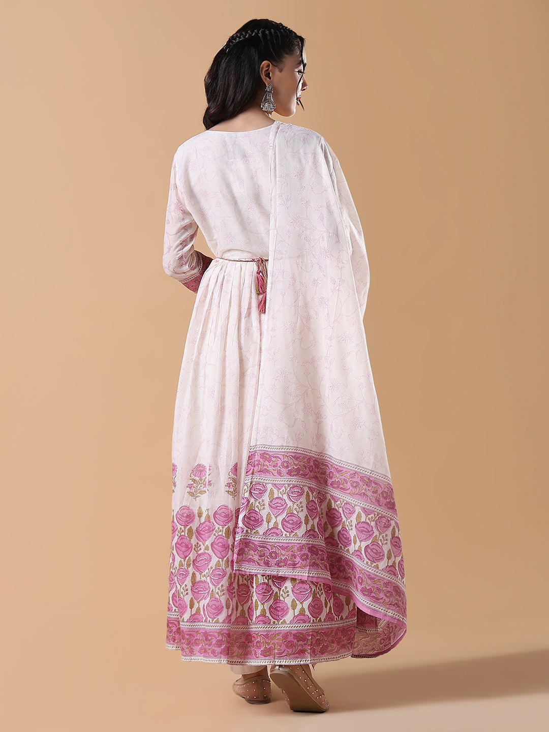 Women's Off White Floral Cotton Anarkali Kurta with Dupatta