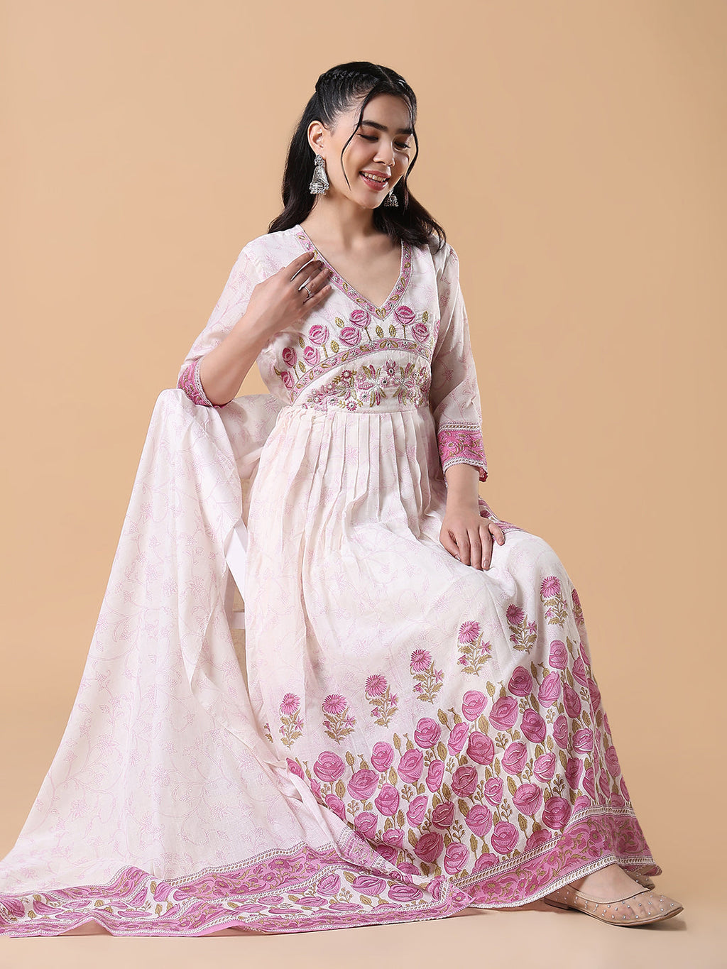 Women's Off White Floral Cotton Anarkali Kurta with Dupatta