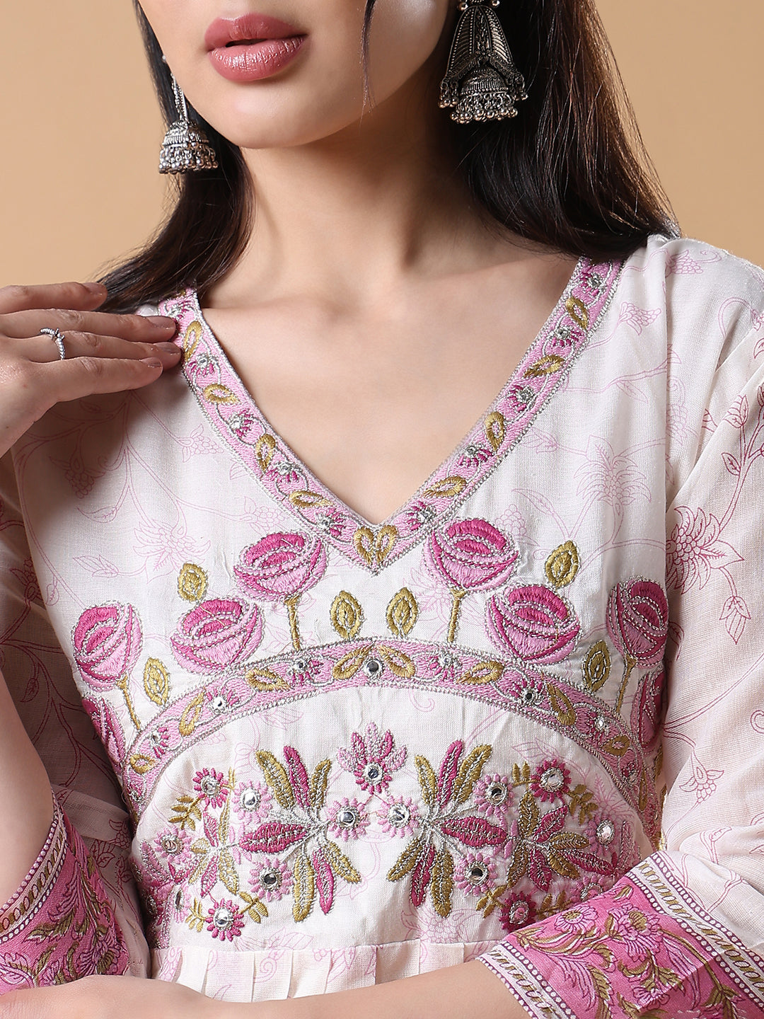 Women's Off White Floral Cotton Anarkali Kurta with Dupatta