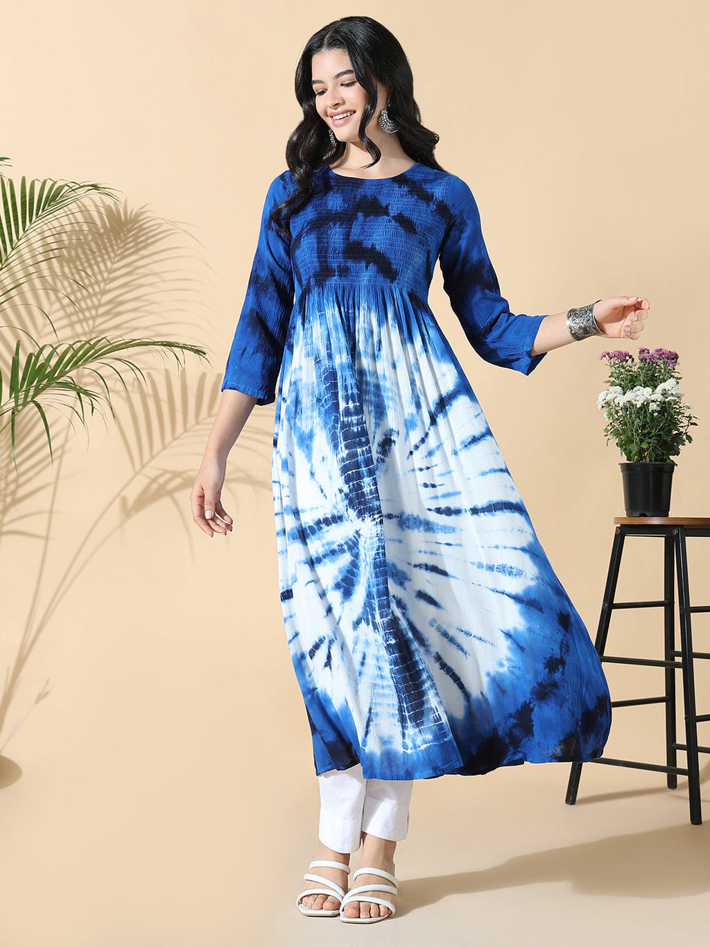 Women's Navy Blue Dyed Cotton Anarkali Kurta
