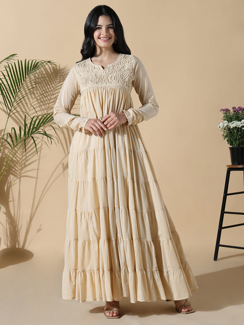 Women's Beige Solid Cotton Anarkali Kurta with Inner