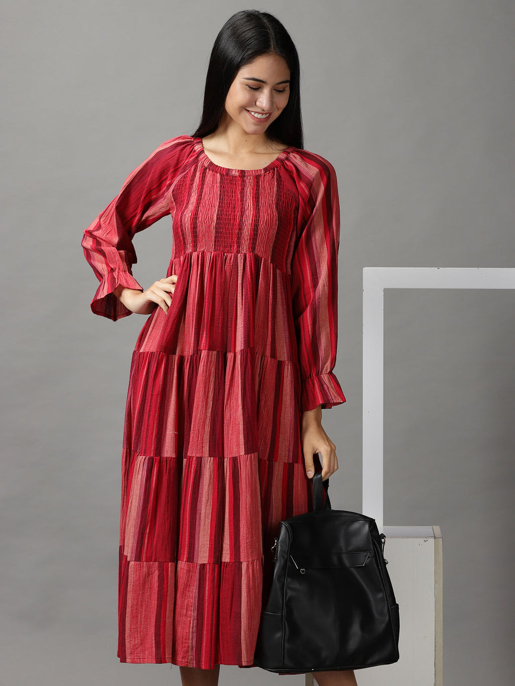 Women's Maroon Colourblock Fit & Flare Cotton Midi Dress