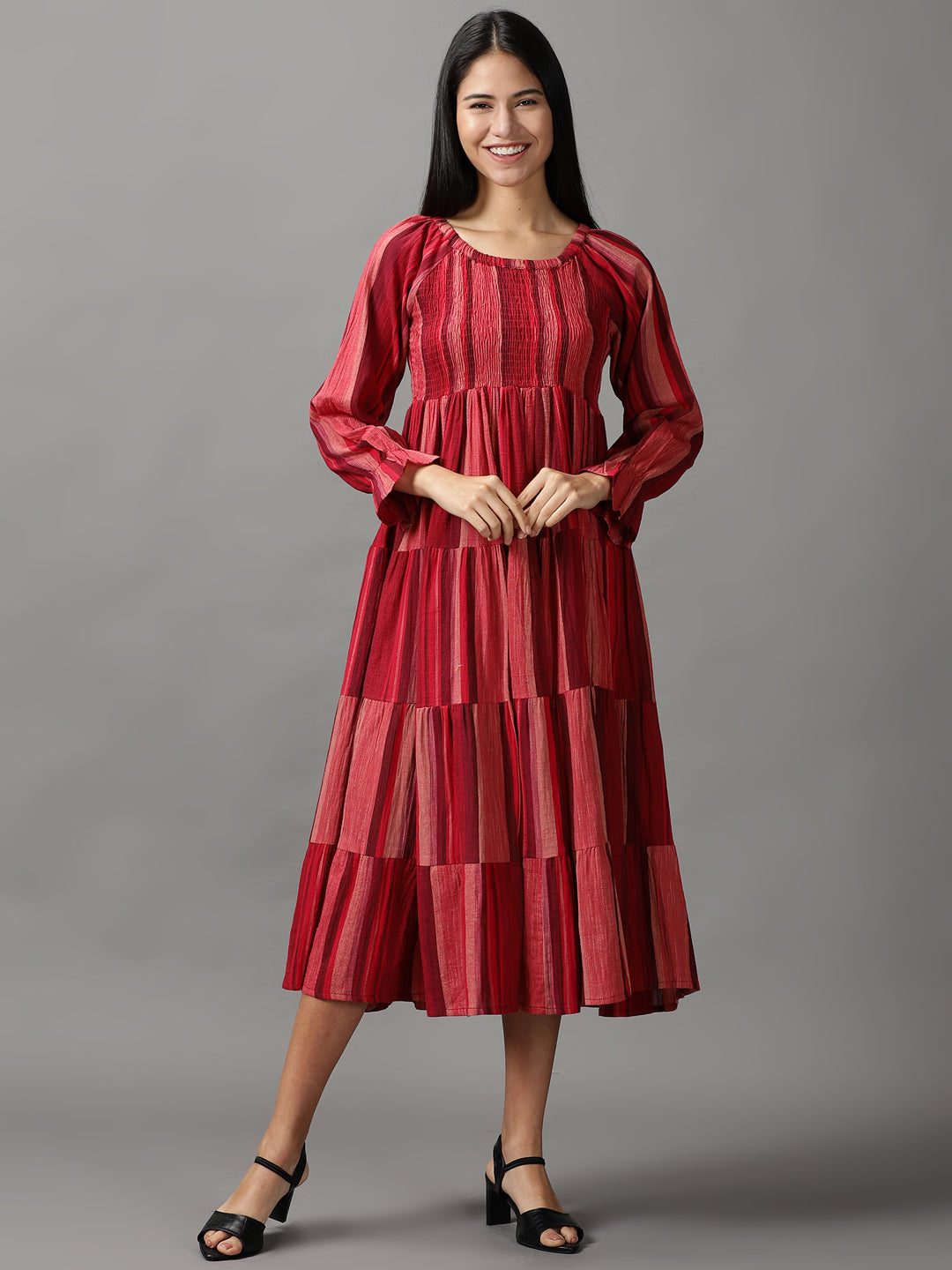 Women's Maroon Colourblock Fit & Flare Cotton Midi Dress