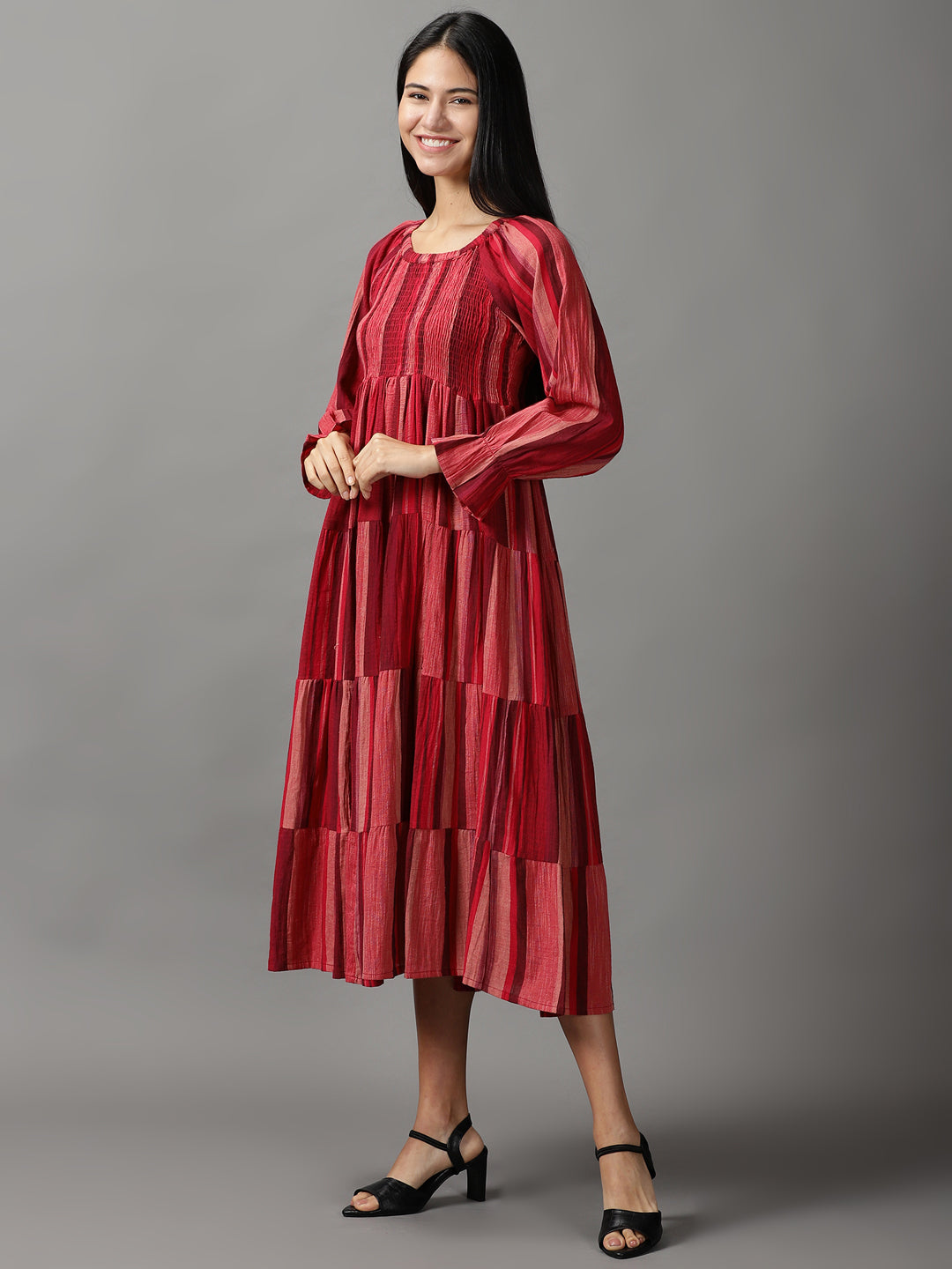Women's Maroon Colourblock Fit & Flare Cotton Midi Dress