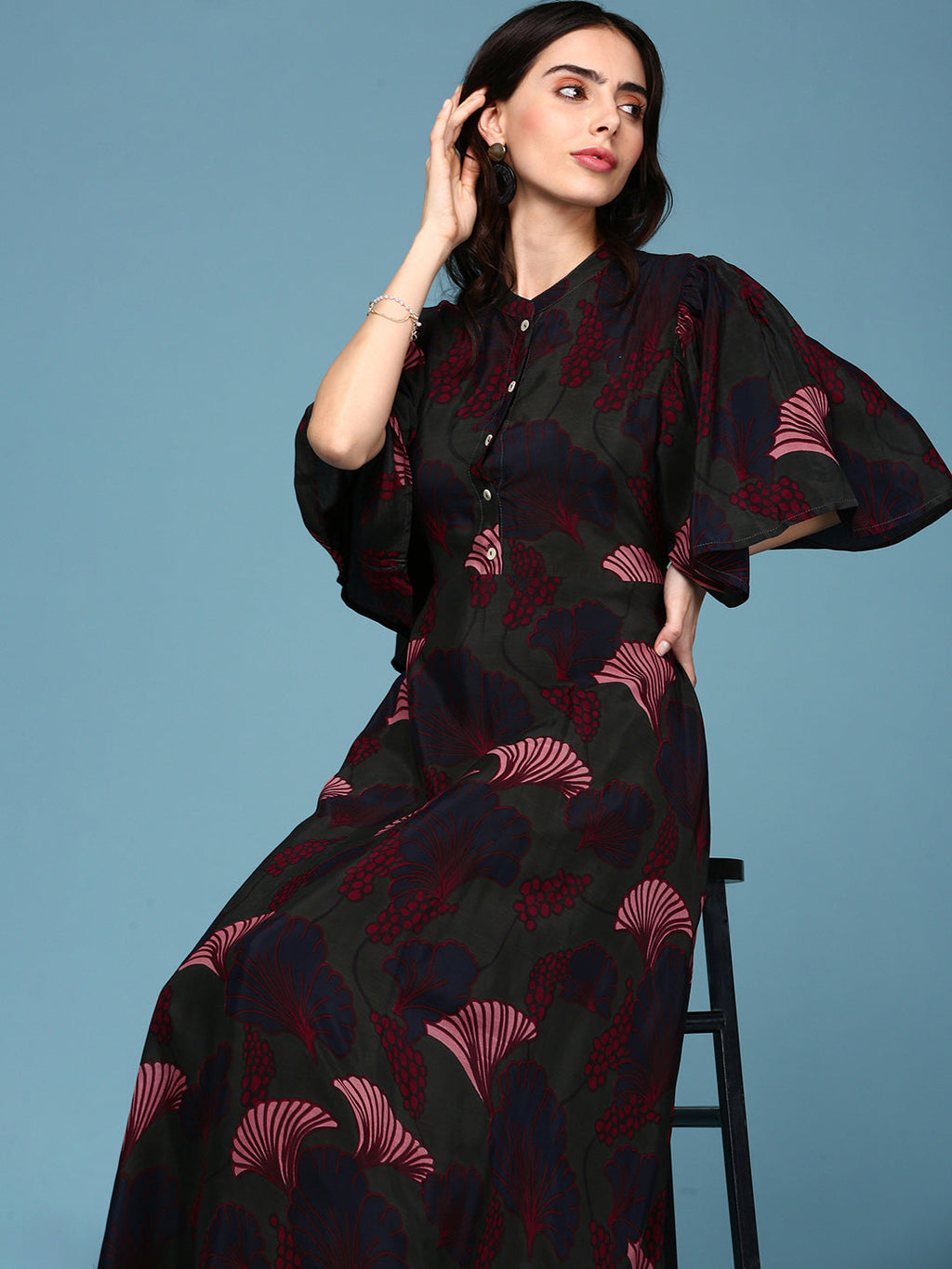 Women's Mandarin Collar Printed Empire Green Dress