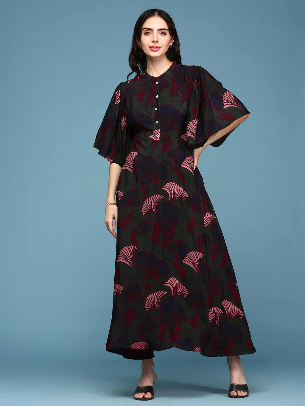 Women's Mandarin Collar Printed Empire Green Dress