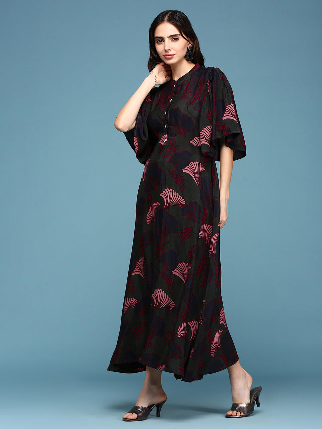 Women's Mandarin Collar Printed Empire Green Dress