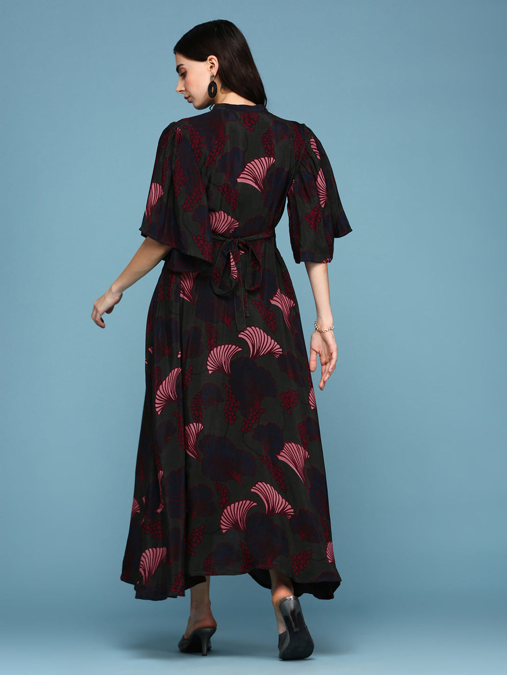 Women's Mandarin Collar Printed Empire Green Dress