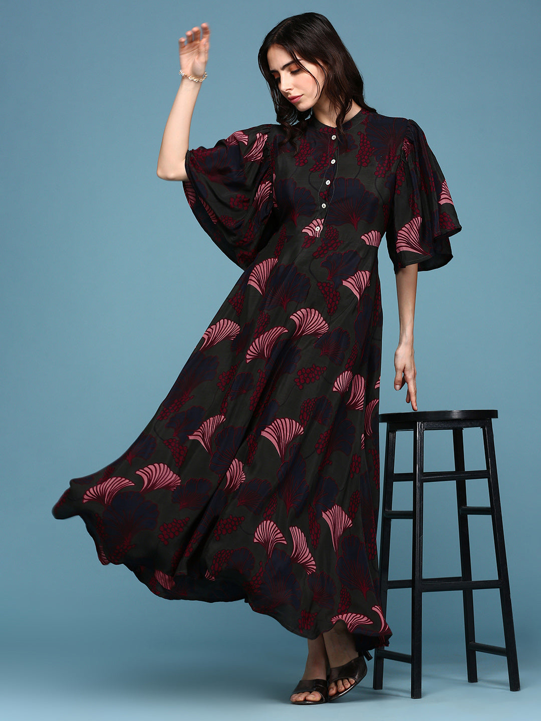 Women's Mandarin Collar Printed Empire Green Dress