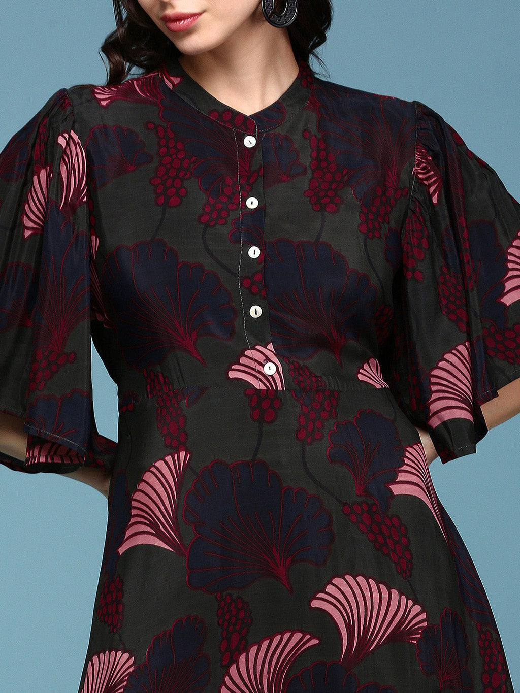 Women's Mandarin Collar Printed Empire Green Dress