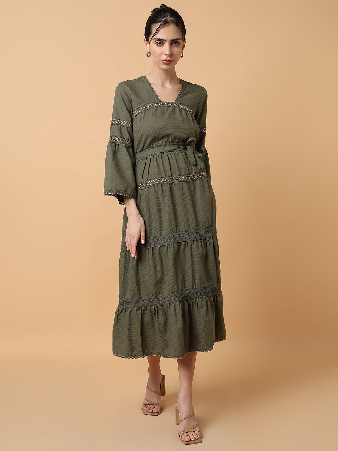 Women's Square Neck Solid Olive Anarkali Kurta