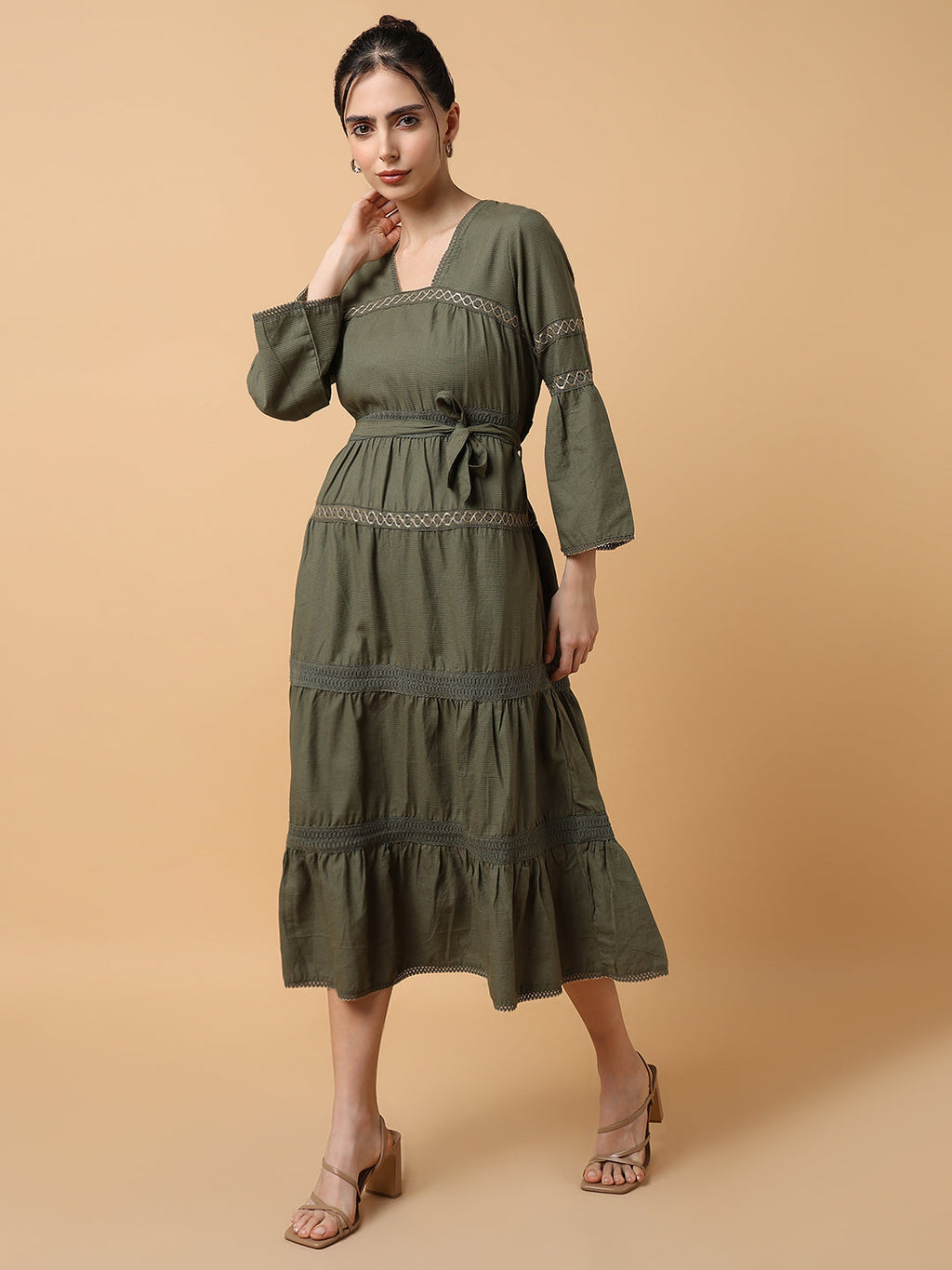 Women's Square Neck Solid Olive Anarkali Kurta