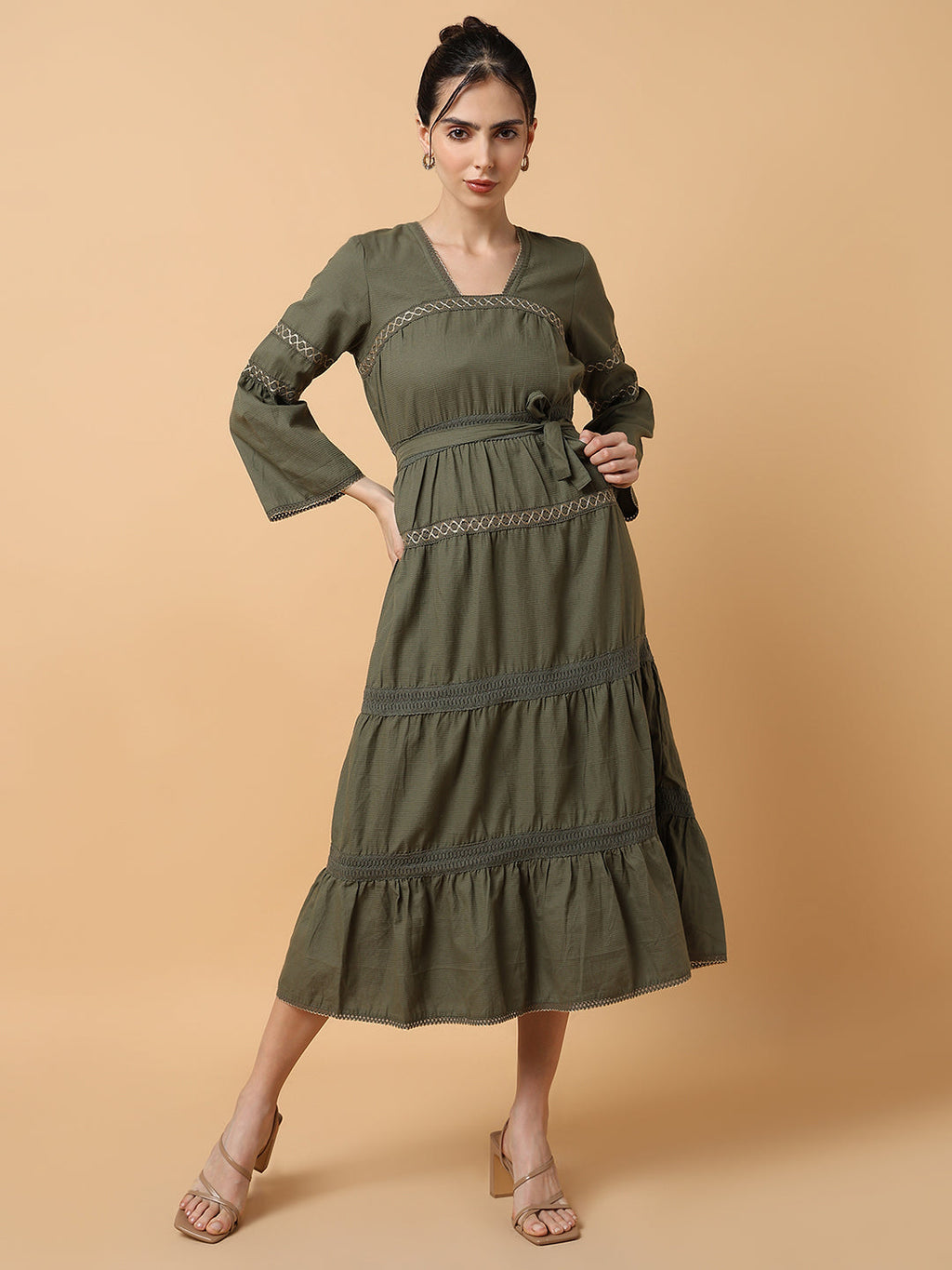 Women's Square Neck Solid Olive Anarkali Kurta