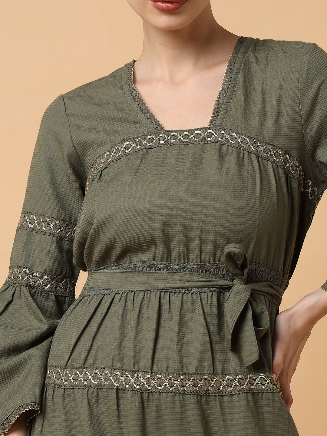 Women's Square Neck Solid Olive Anarkali Kurta