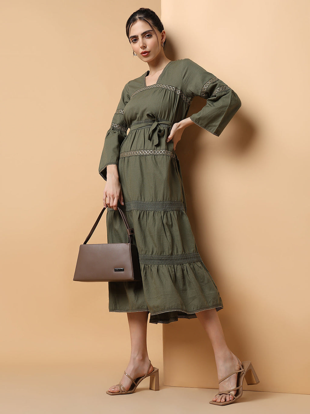 Women's Square Neck Solid Olive Anarkali Kurta