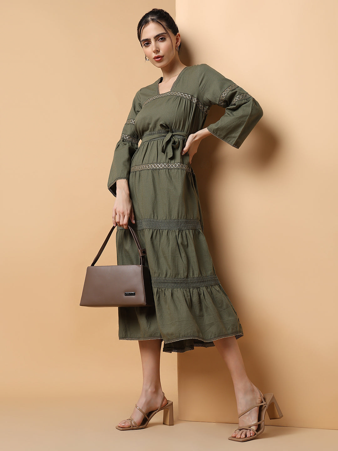 Women's Square Neck Solid Olive Anarkali Kurta
