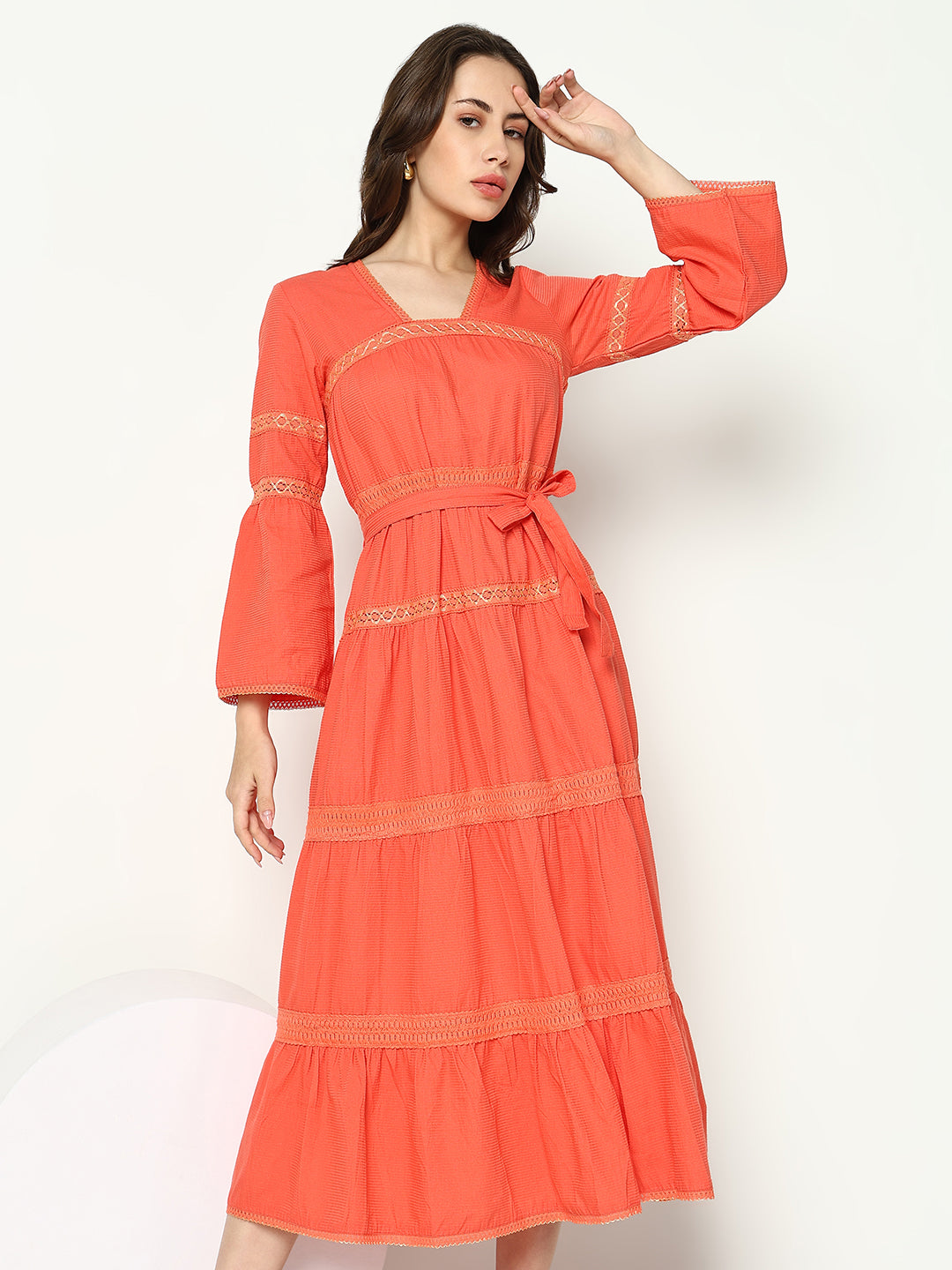 Women's Peach Striped Bell Sleeves Square Neck Anarkali Dress