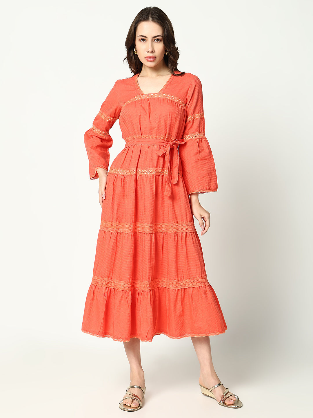 Women's Peach Striped Bell Sleeves Square Neck Anarkali Dress