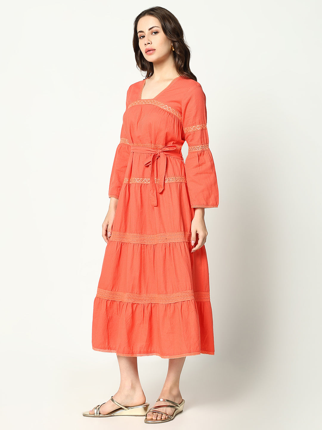 Women's Peach Striped Bell Sleeves Square Neck Anarkali Dress