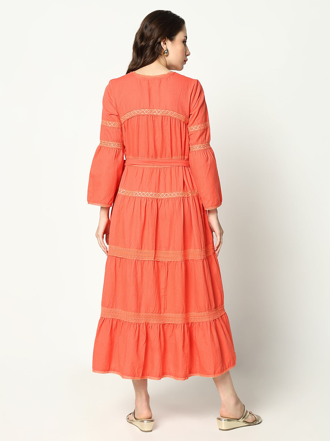 Women's Peach Striped Bell Sleeves Square Neck Anarkali Dress