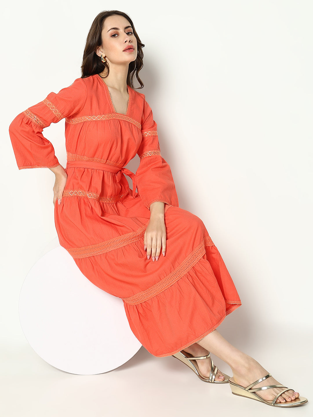 Women's Peach Striped Bell Sleeves Square Neck Anarkali Dress
