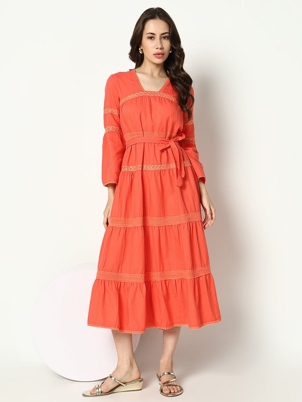 Women's Peach Striped Bell Sleeves Square Neck Anarkali Dress