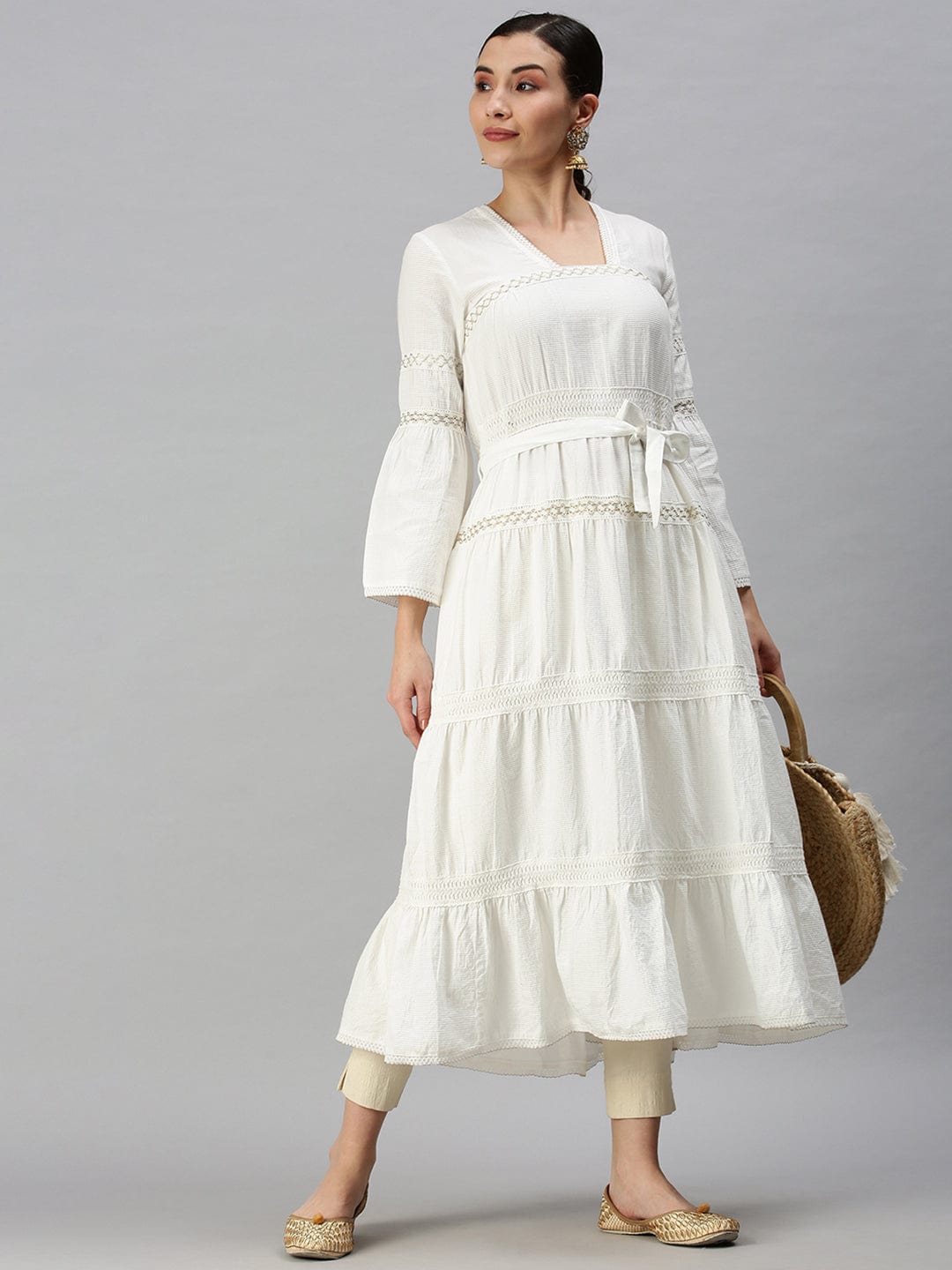 Women's Square Neck Solid White Anarkali Kurta