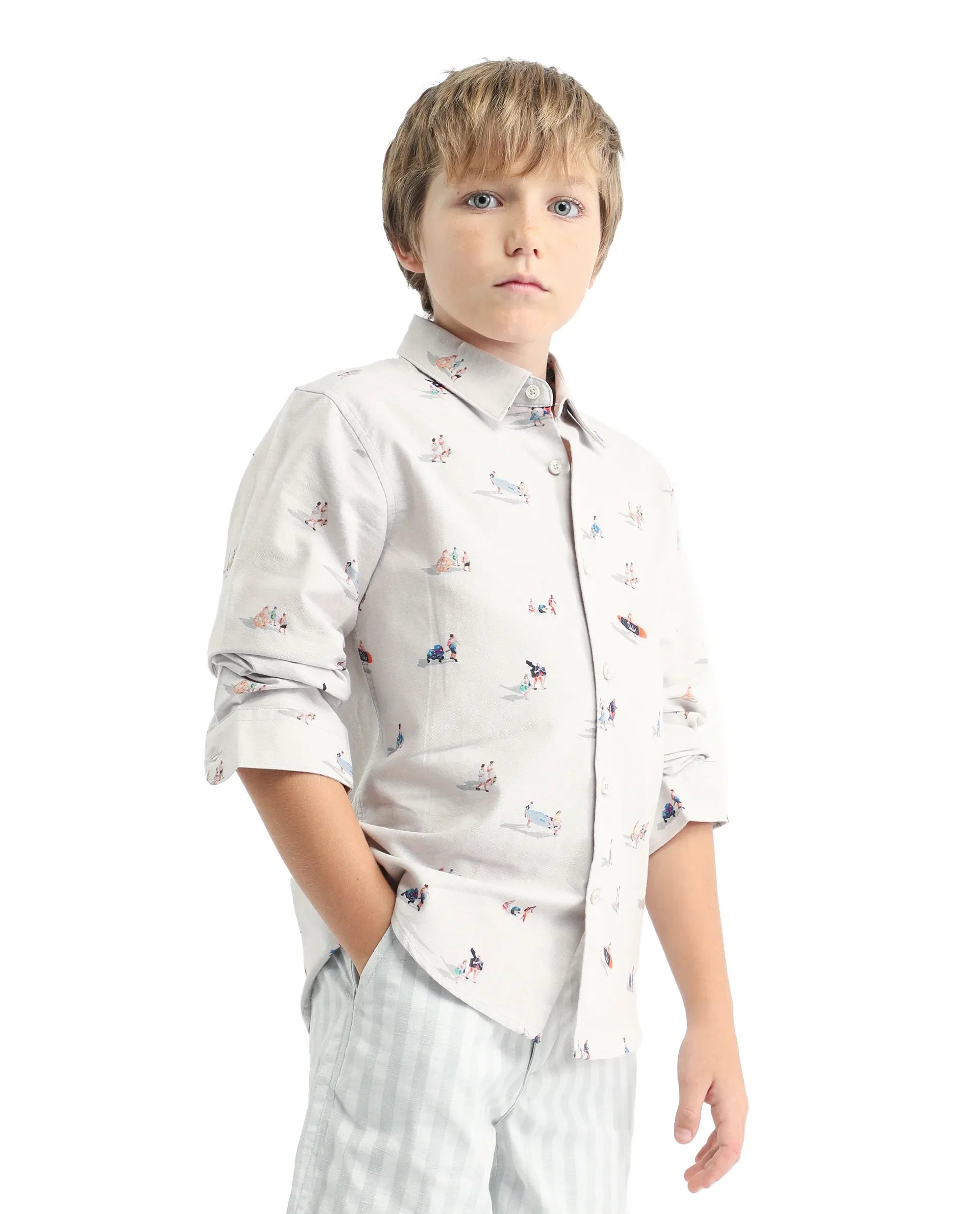 Rare Ones Kids Orson Beige Cotton Printed Button Closure Regular Fit Shirt