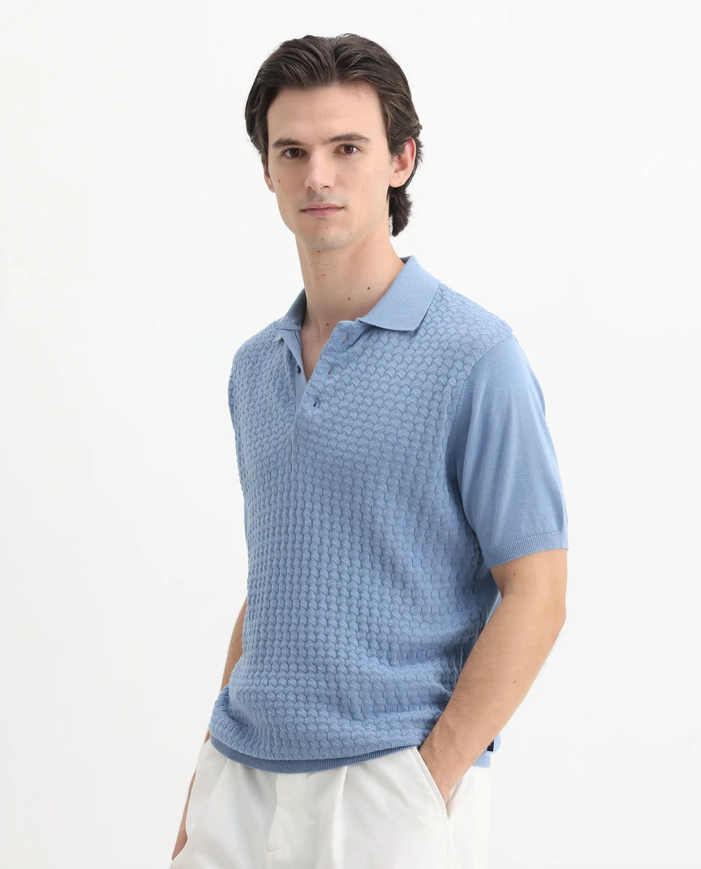 Rare Rabbit Men's Pasto Dusky Blue Cotton Textured Regular Fit Half Sleeve Polo
