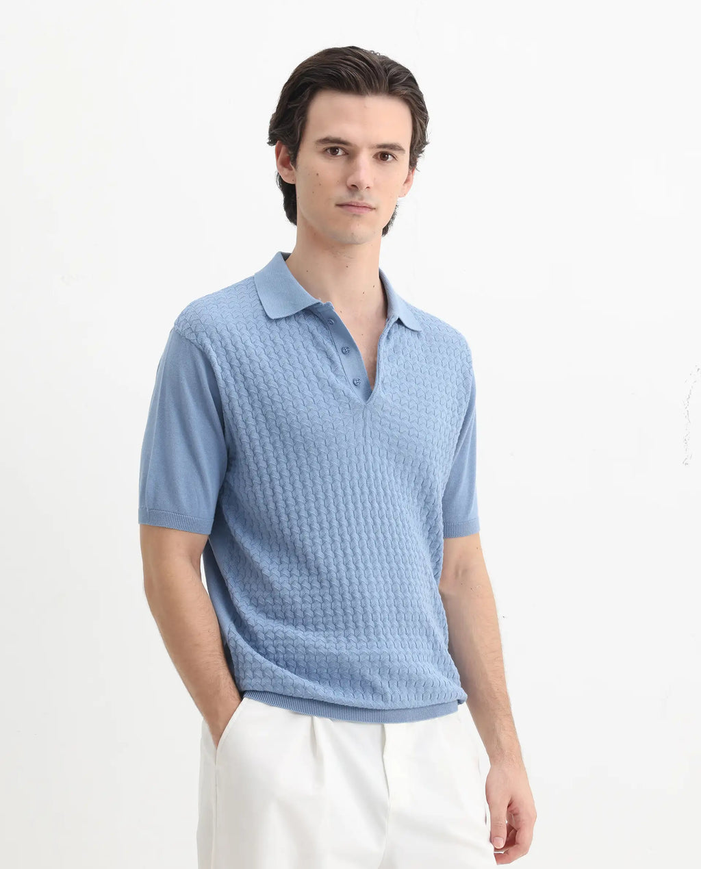 Rare Rabbit Men's Pasto Dusky Blue Cotton Textured Regular Fit Half Sleeve Polo
