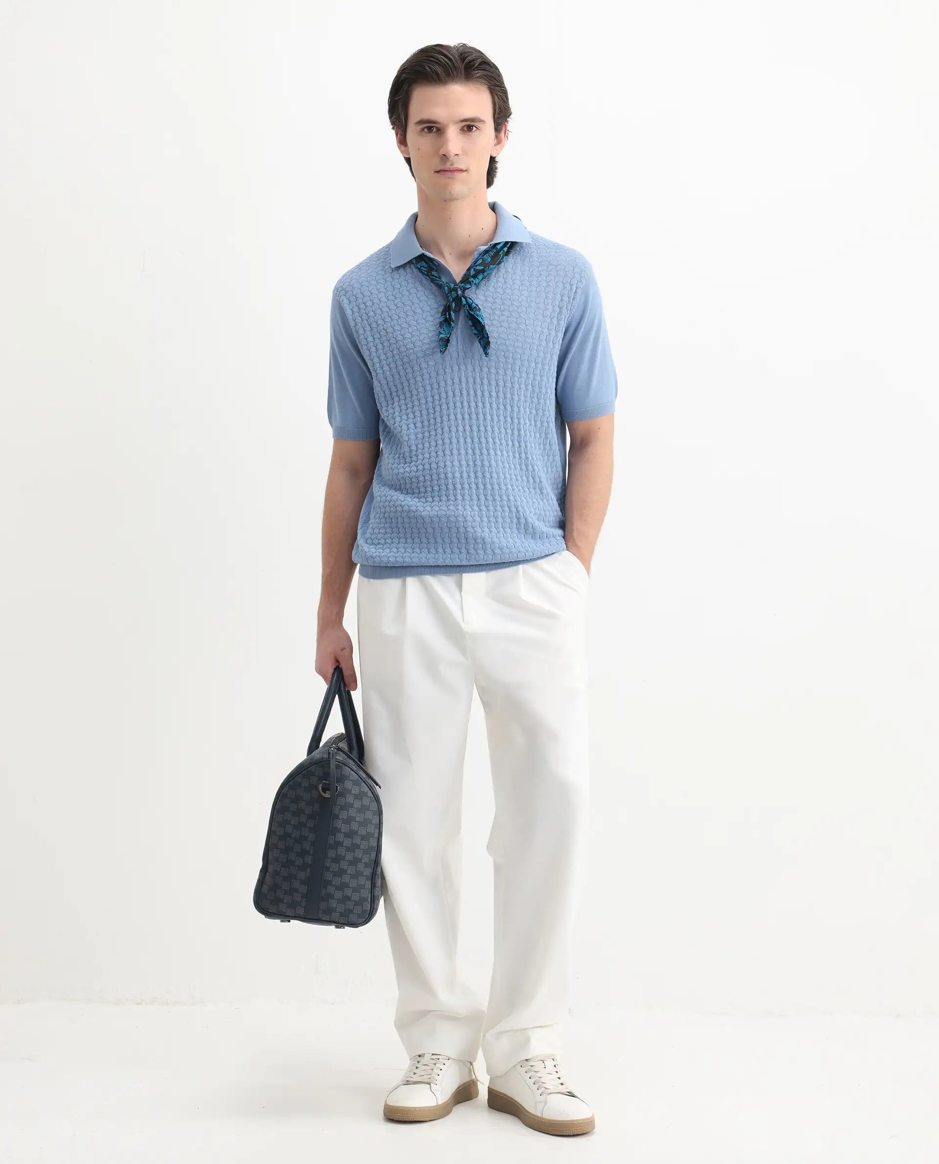 Rare Rabbit Men's Pasto Dusky Blue Cotton Textured Regular Fit Half Sleeve Polo