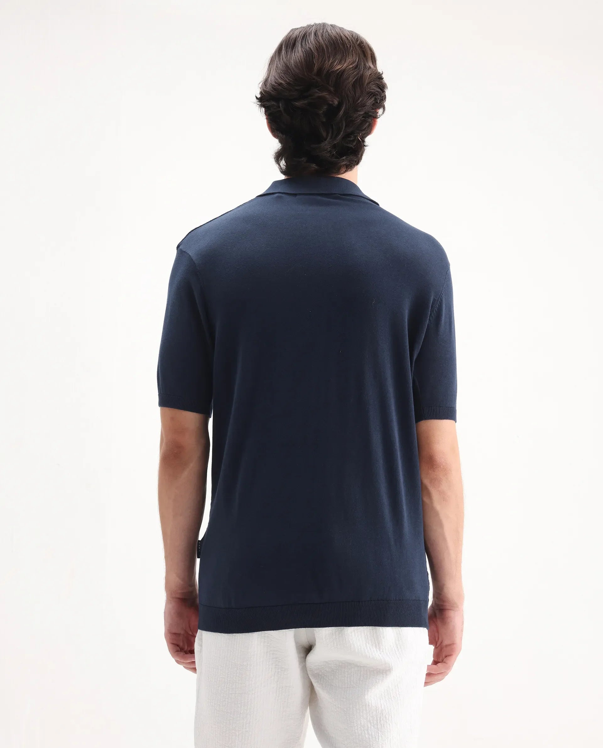Rare Rabbit Men's Pasto Navy Cotton Textured Regular Fit Half Sleeve Polo