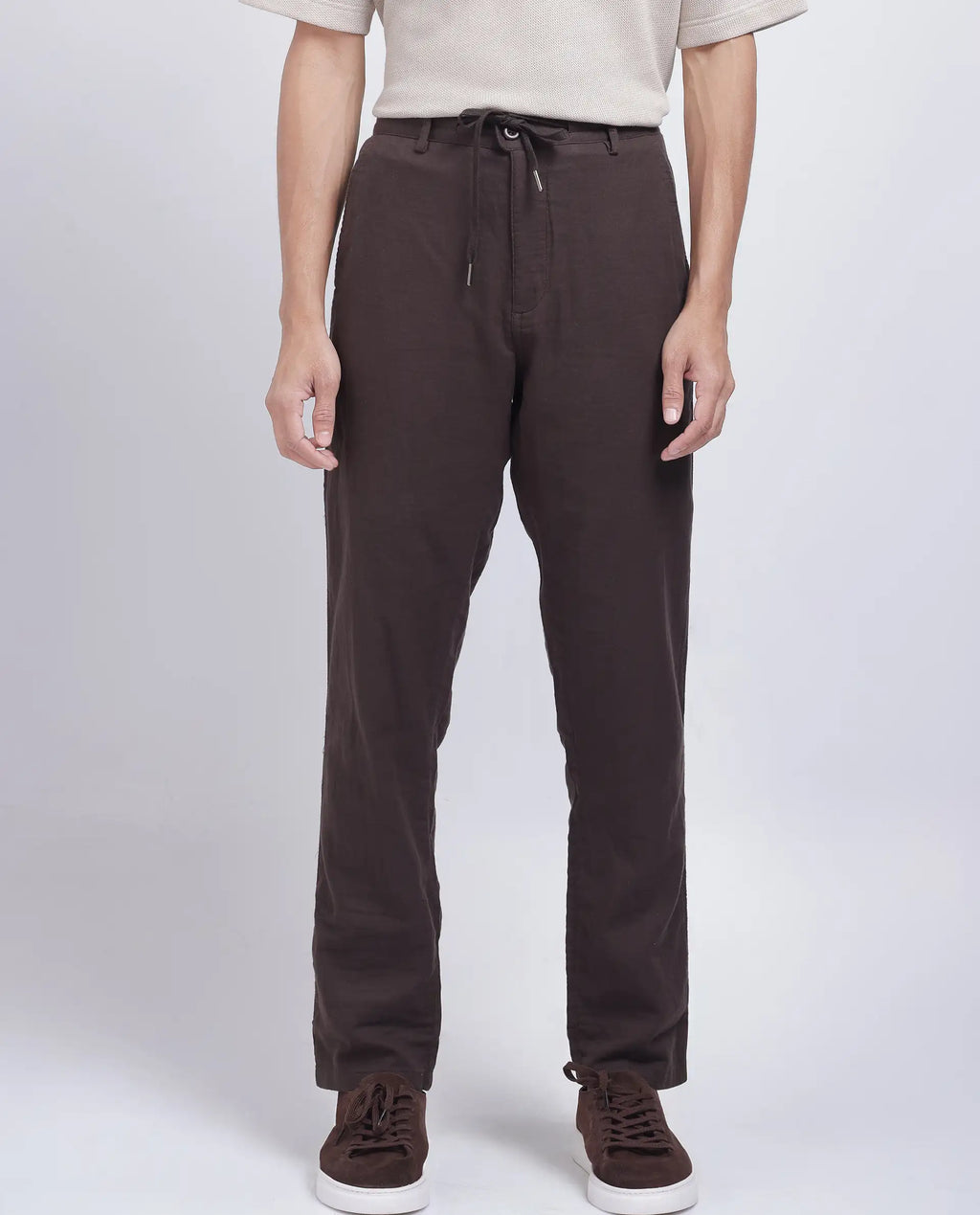 Rare Rabbit Men's Pastor-25 Brown Cotton Plain Regular Fit Trouser